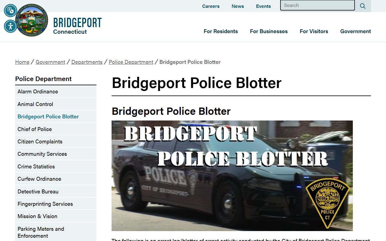 Bridgeport Police Department arrest blotter for booking reports