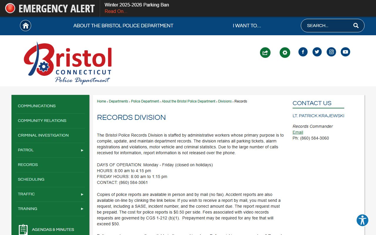 Bristol Police Records Division Connecticut booking reports