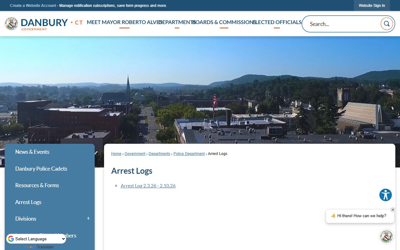 Danbury Police arrest logs page showing recent booking reports