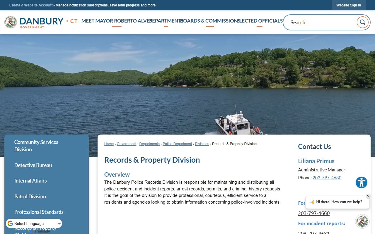 Danbury Police Records and Property Division contact information