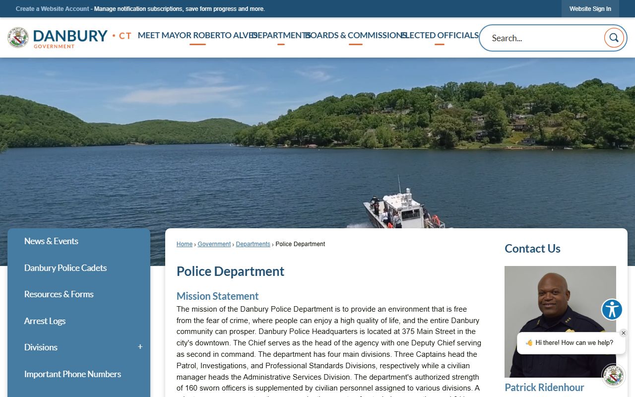 Danbury Police Department homepage with resources and contact info