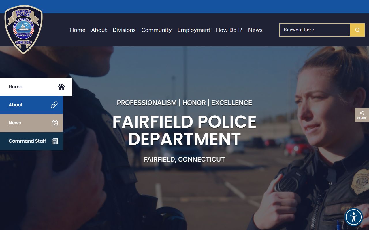 Fairfield Police Department homepage for Connecticut booking reports