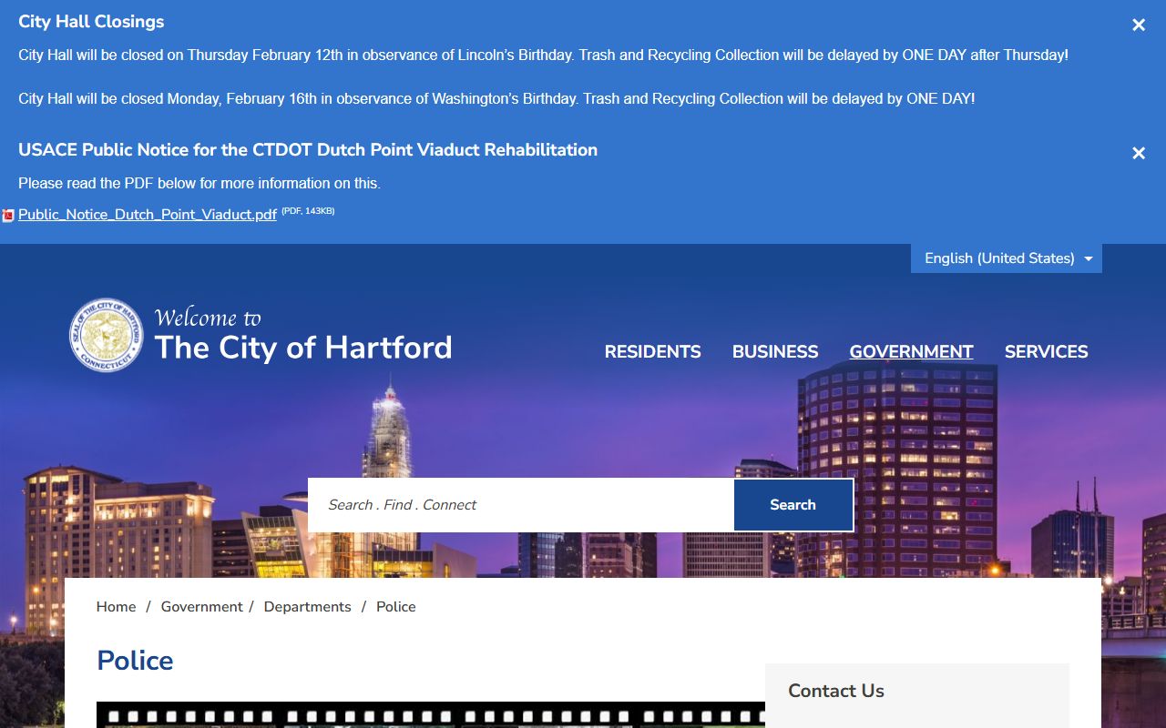 Hartford Police Department homepage with arrest log access