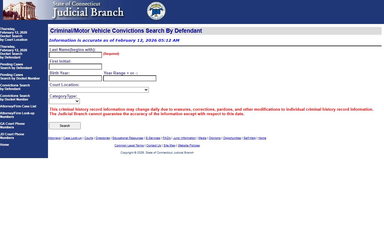 Connecticut convictions search database interface for booking and case records