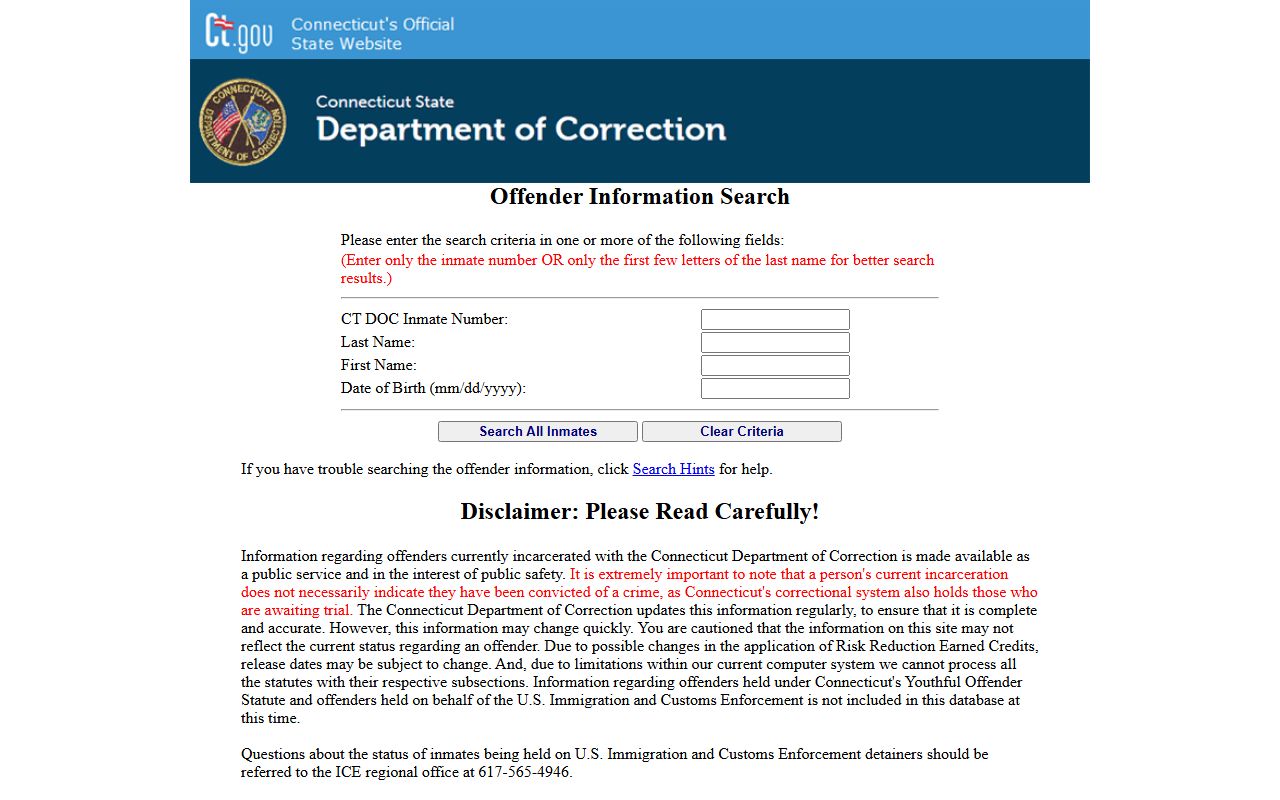 Connecticut DOC Inmate Search portal showing search options for booking reports