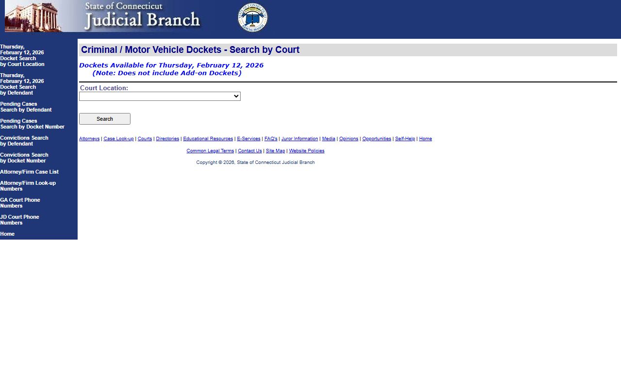 Connecticut daily docket search for court dates and booking proceedings