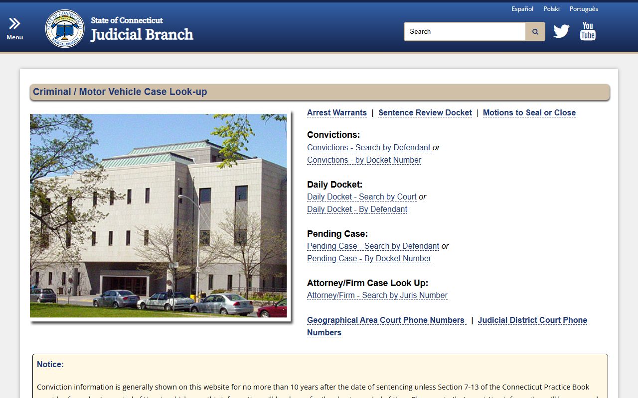 Connecticut Judicial Branch criminal case lookup showing multiple search options