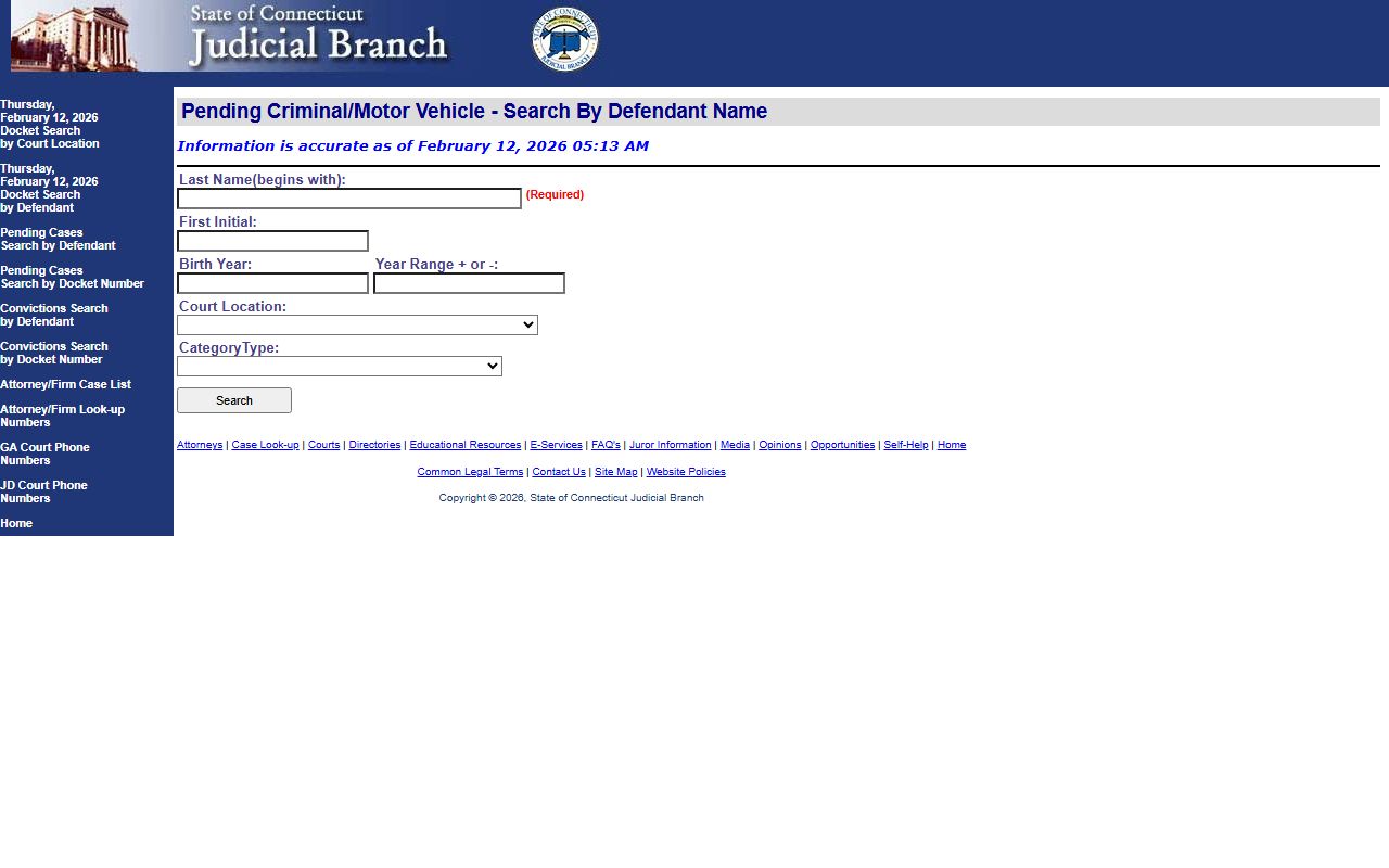 Connecticut pending cases search showing unresolved booking cases